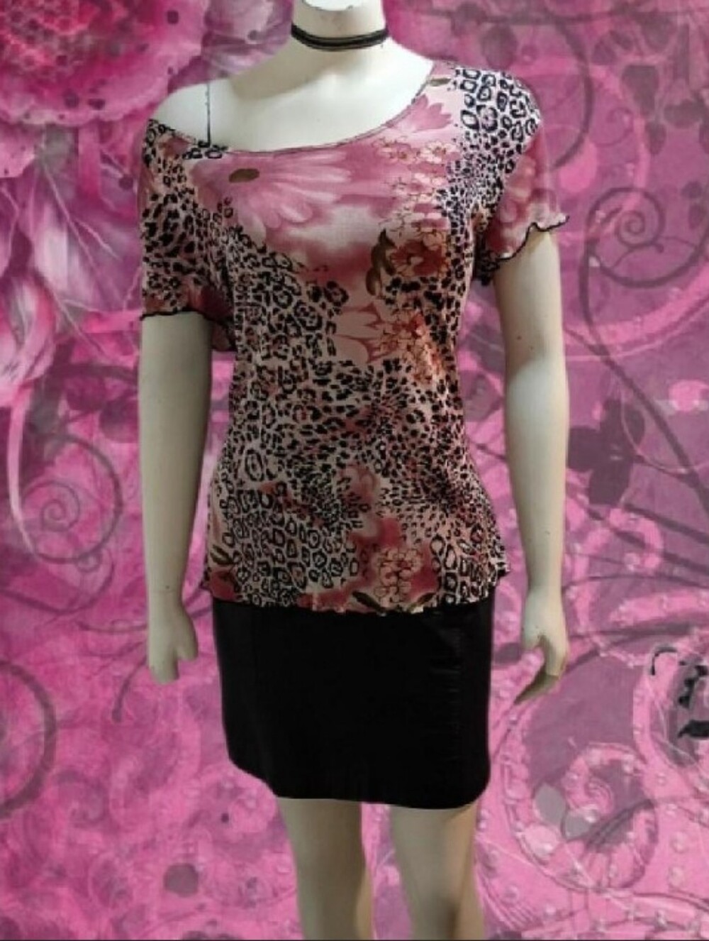 VTG 90s 00s Y2K Susan Lawrence Pink & Multi Color Floral & Leopard Print Top L